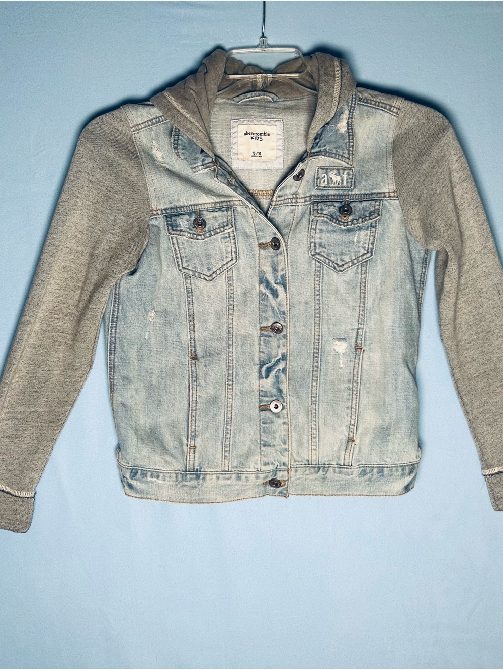 Abercrombie Kids Light Wash Thermal Denim Distressed Jacket with Gray Hood 15/16
